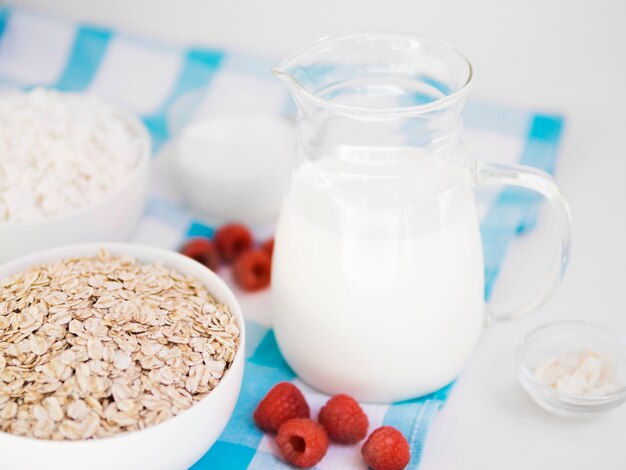 Ciotola di farina d&#39;avena con lampone e latte