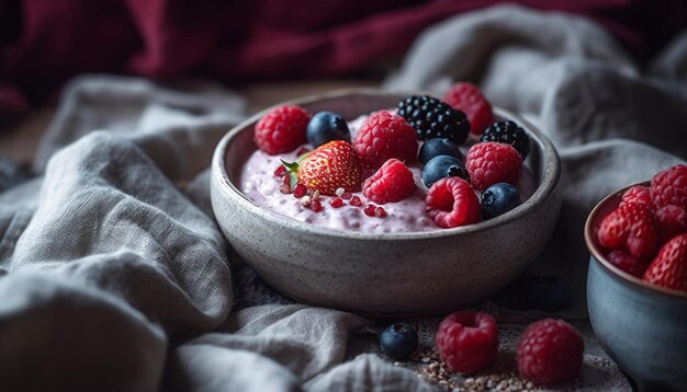 Ciotola di yogurt ai frutti di bosco freschi con topping di muesli generato dall'intelligenza artificiale