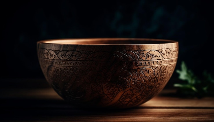 Foto gratuito ciotola rustica in terracotta su tavola di legno con decorazione generata da ai