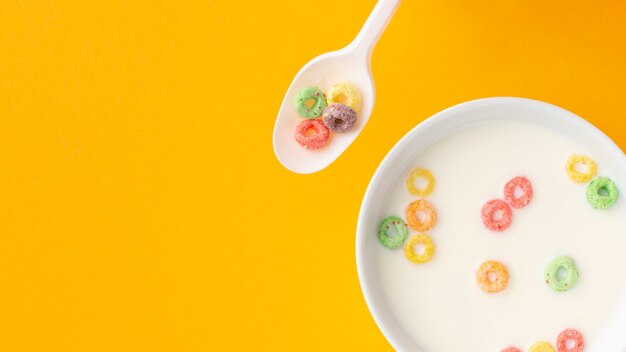 Ciotola vista dall'alto con latte e cereali