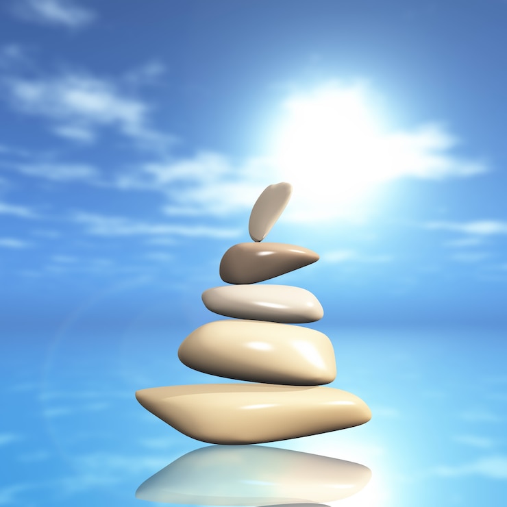 Foto gratuito ciottoli d'equilibratura 3d contro una priorità bassa defocussed dell'oceano