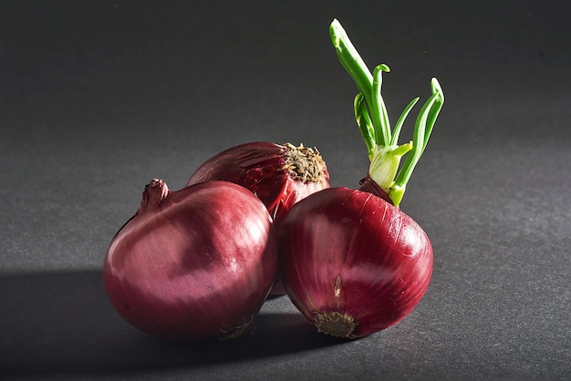 Cipolle rosse intere, isolate su fondo nero.