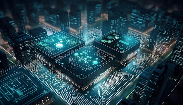 Circuiti luminosi in fila tecnologia futuristica generata dall'intelligenza artificiale