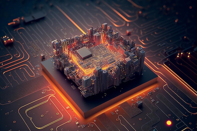 Circuito stampato con microchip integrato per server Processore del computer centrale con luci al neon
