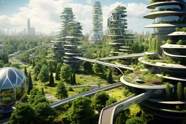 Città futuristica rispettosa dell'ambiente con spazi verdi