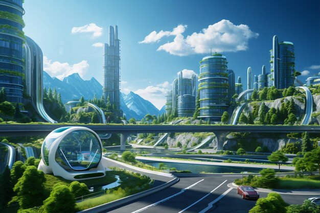 Città futuristica rispettosa dell'ambiente con spazi verdi
