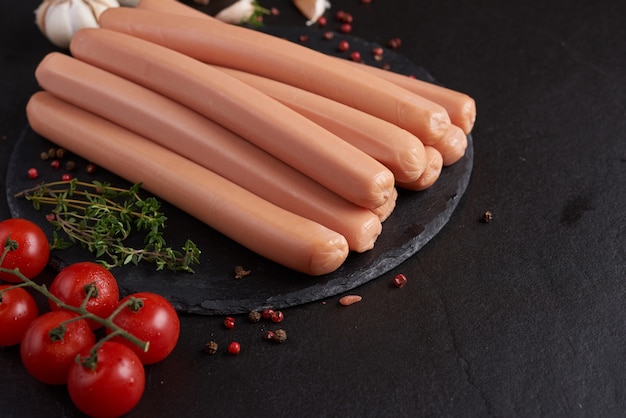 Classico bollito di carne di maiale salsicce su tagliere con pepe e basilico e pomodorini. spuntino per bambino. salsicce crude barbecue su tavola di pietra. superficie nera. vista dall'alto. copia spazio.