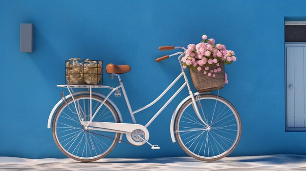 Close up bicicletta con fiori nel cesto
