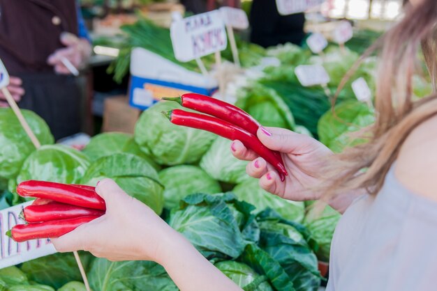 Close up concetto. Raccogliere verdure al mercato verde locale. Youn