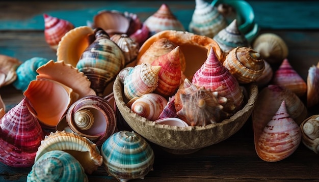 Close up di una bellissima conchiglia multicolore un souvenir delle vacanze generato dall'intelligenza artificiale