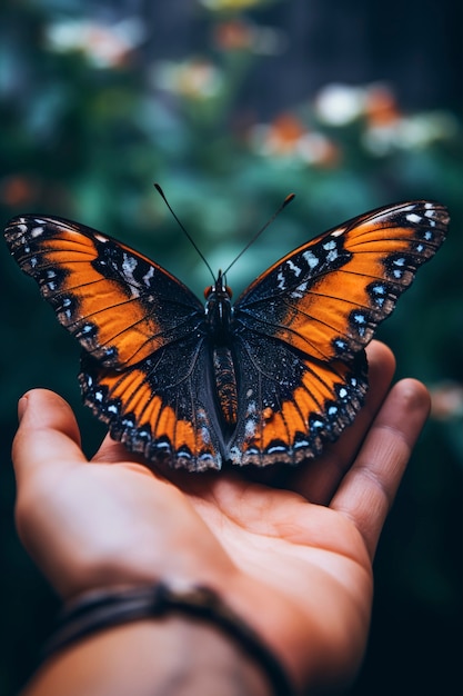 Close up di una farfalla tenuta in mano