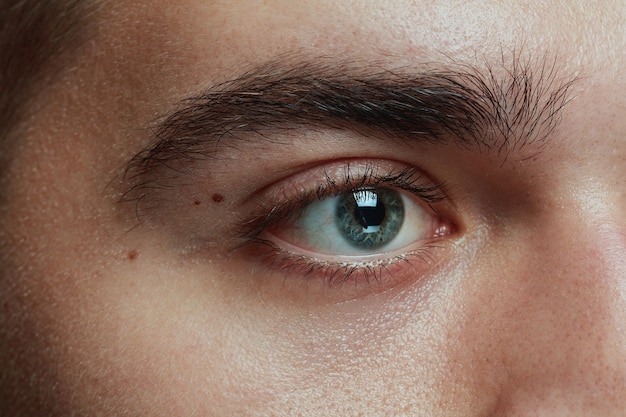 Close-up ritratto di giovane uomo isolato su grigio di sfondo per studio. Il viso e gli occhi azzurri del modello maschio caucasico. Concetto di salute e bellezza degli uomini, cura di sé, cura del corpo e della pelle, medicina o psicologia.