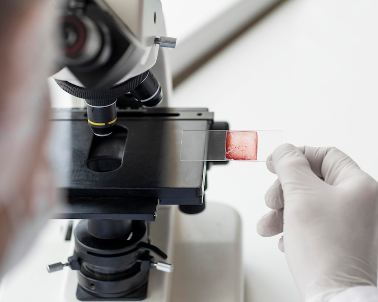 Foto gratuito close up scienziato con microscopio