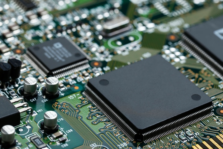Foto gratuito closeup di circuito elettronico con microchip cpu componenti elettronici sfondo