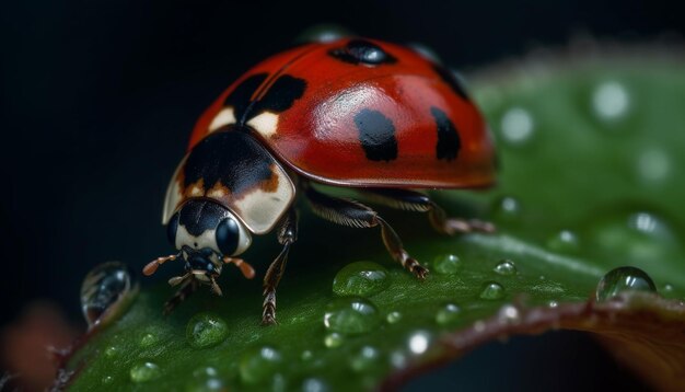 Coccinella maculata su foglia verde con rugiada generata dall'intelligenza artificiale