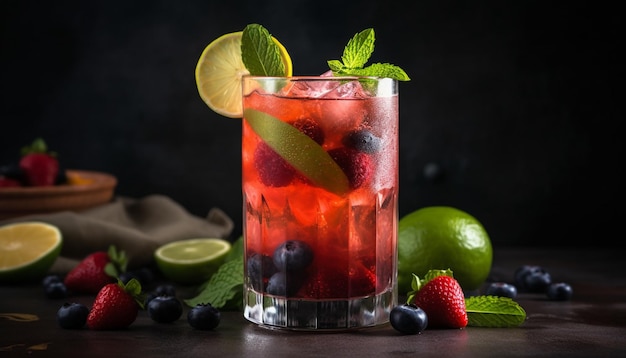 Cocktail di frutta fresca con foglia di menta lime e fette di agrumi generati da intelligenza artificiale