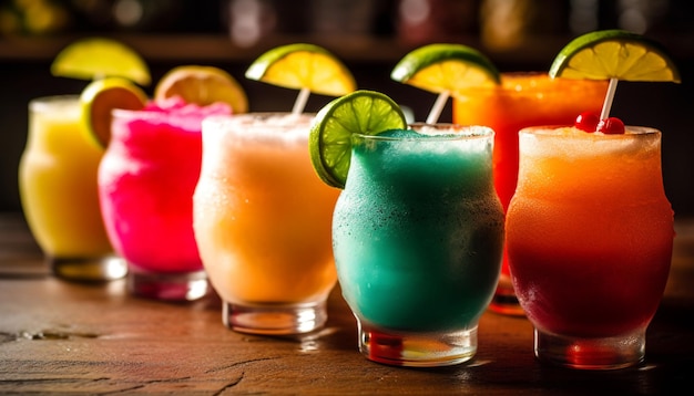 Cocktail di frutta fresca in bicchieri multicolori generati dall'intelligenza artificiale