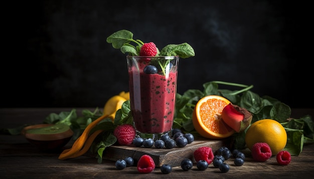 Cocktail di frutti di bosco freschi su tavolo in legno rustico generato da AI