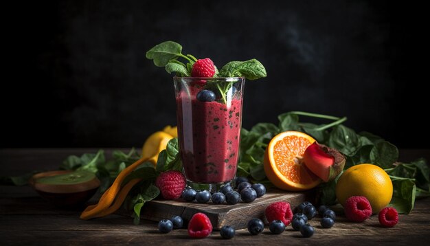 Cocktail di frutti di bosco freschi su tavolo in legno rustico generato da AI