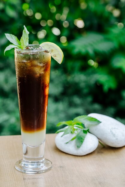 Cocktail rosso con foglie di limone e menta.