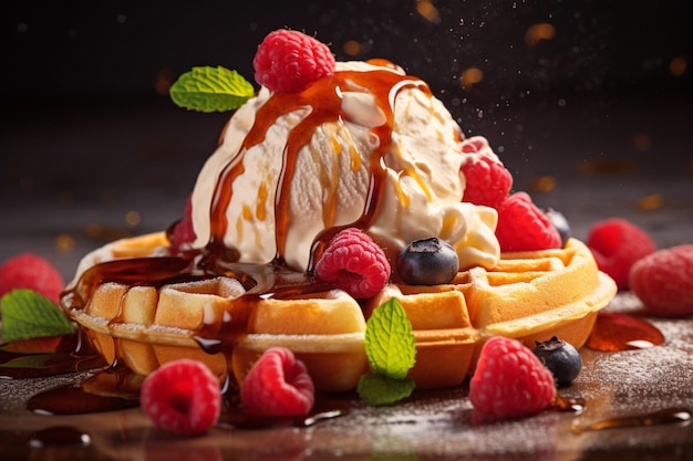 Colazione di waffle e gelati con frutta sana e gustosa