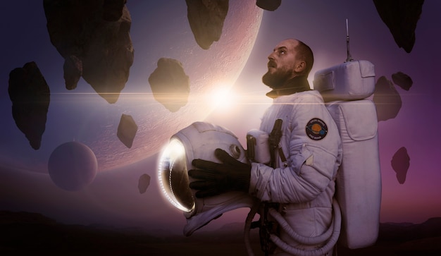 Collage creativo del pianeta Marte con l'astronauta