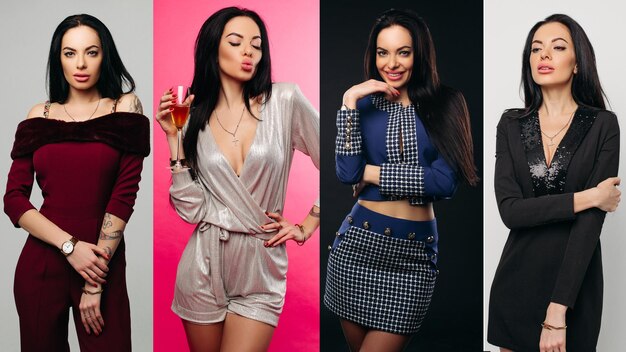 Collage di cinque foto con attraente modella alta che indossa abiti diversi Bella ragazza sorridente e in posa in abiti rossi e neri e tailleur pantalone blu scuro Sfondo grigio