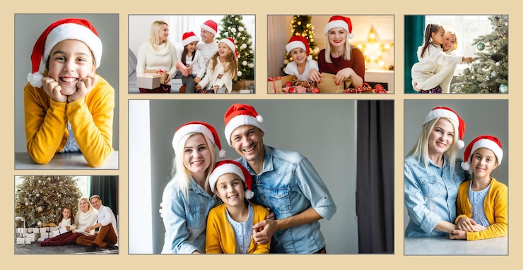 Collage fotografico di nove immagini con concetto invernale. Stagione delle vacanze. apri il fotolibro con le foto di natale