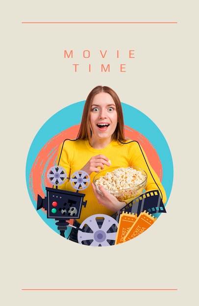 Collage sull'ora del film con donna che tiene popcorn