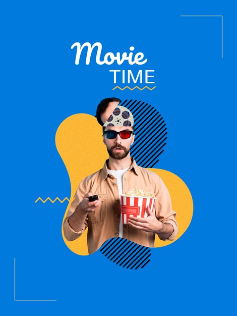 Collage sull'ora del film con l'uomo che tiene i popcorn
