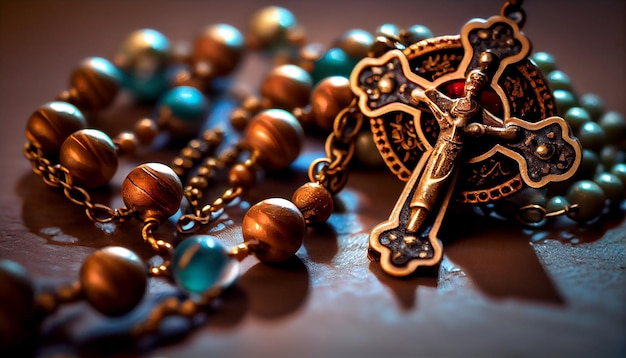 Collana religiosa con intricata croce e perline del rosario generata dall'intelligenza artificiale