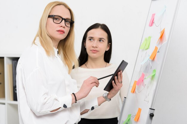 Collega femminile che esamina giovane donna di affari che per mezzo della compressa digitale vicino al flipchart