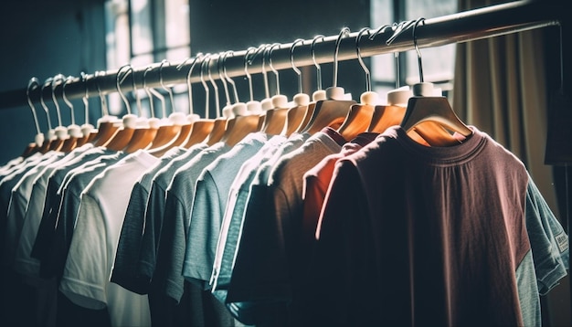 Collezione di abbigliamento alla moda appesa in una moderna boutique generata da AI