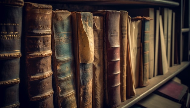 Collezione di libri antichi su una vecchia libreria generata da AI