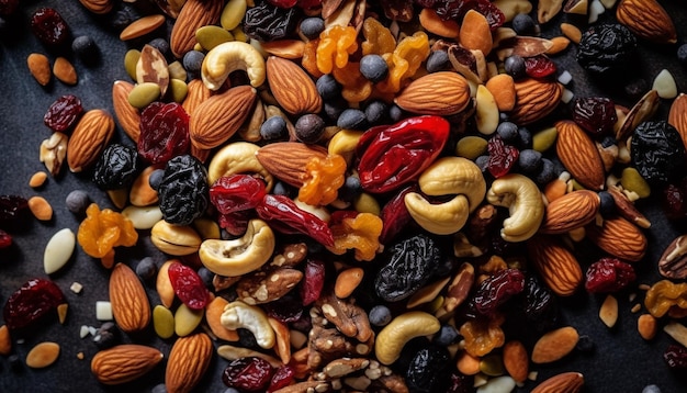 Collezione di snack ricchi di noci in una disposizione di caramelle multicolore generata dall'intelligenza artificiale