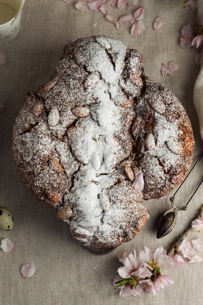 Colomba con polvere e fiori vista dall'alto