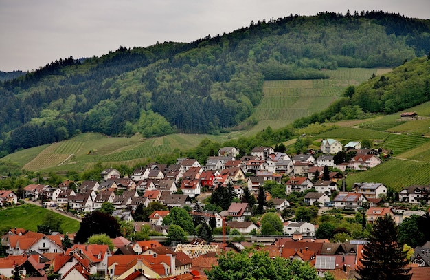 Colorato paesaggio vista del piccolo villaggio Kappelrodeck nelle montagne della Foresta Nera in Germania
