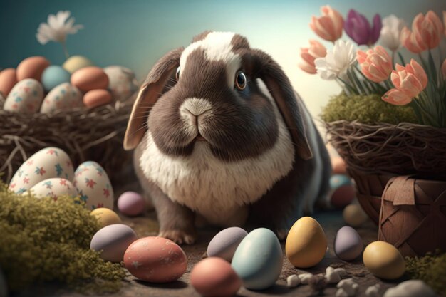 Colorful Happy Bunny con molte uova di Pasqua sull'erba Sfondo festivo per il design decorativo