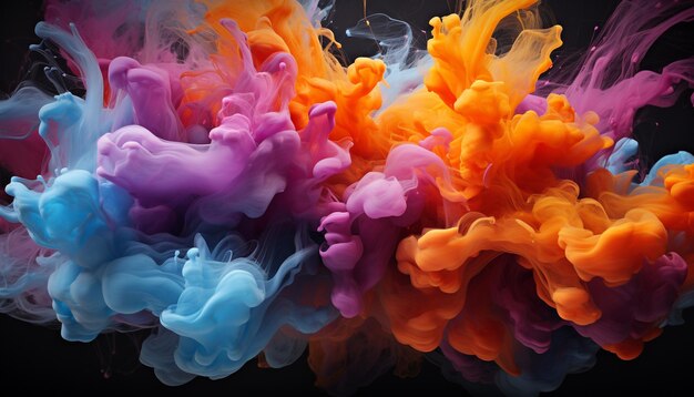 Colori astratti in movimento inchiostro che esplodono vibranti schizzi viola generati dall'intelligenza artificiale