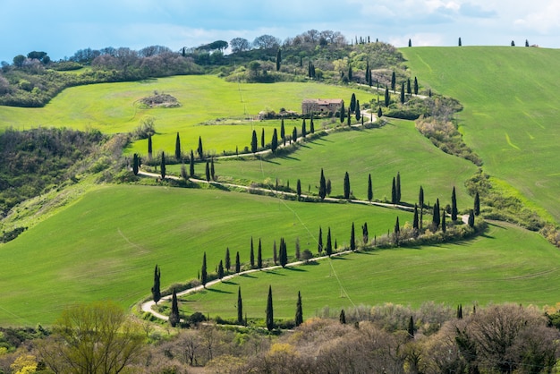 Colpo alto angolo della bellissima Val d'Orcia in Toscana