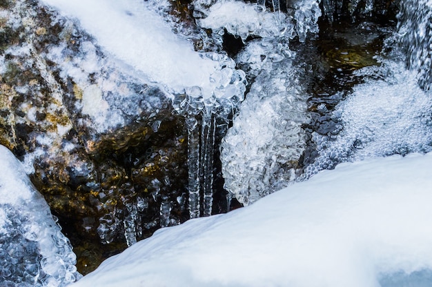 Colpo del primo piano dell'acqua che scorre con una roccia congelata durante l'inverno