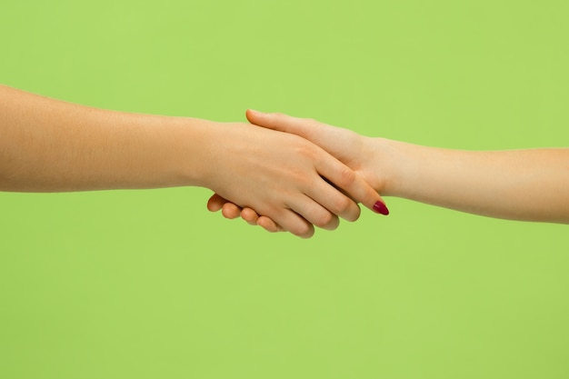 Colpo del primo piano dell'uomo che tiene le mani isolate sulla parete verde. Il palmo di due femmine. Concetto di relazioni umane, amicizia, collaborazione, famiglia. Copyspace.