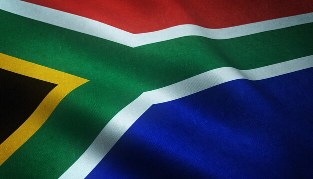 Colpo del primo piano della bandiera realistica del Sud Africa con trame interessanti