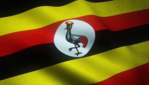 Colpo del primo piano della bandiera realistica dell'Uganda con trame interessanti