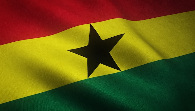 Colpo del primo piano della bandiera sventolante del Ghana con trame interessanti
