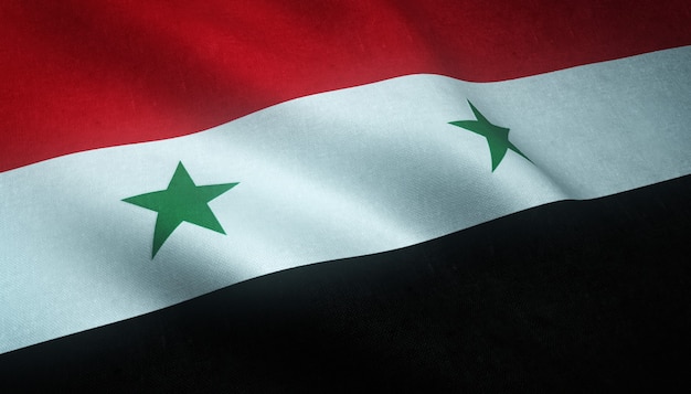 Colpo del primo piano della bandiera sventolante della Repubblica araba di Siria con trame interessanti