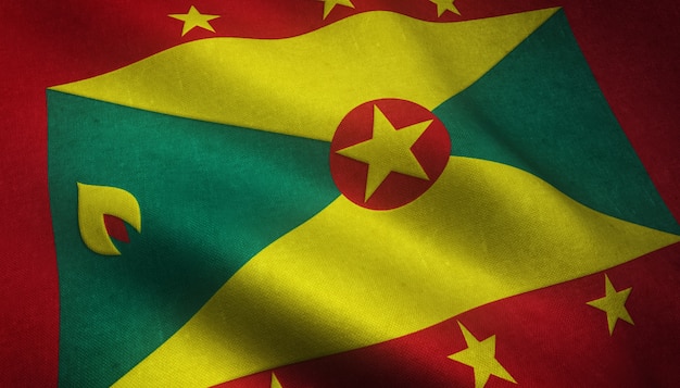 Colpo del primo piano della sventola bandiera di Grenada con trame interessanti
