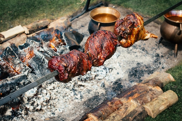 Colpo del primo piano di pezzi di barbecue sul fuoco realizzati con carboni