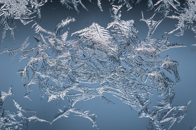 Colpo del primo piano di un fiocco di neve su un vetro dal gelo, con il modello dettagliato