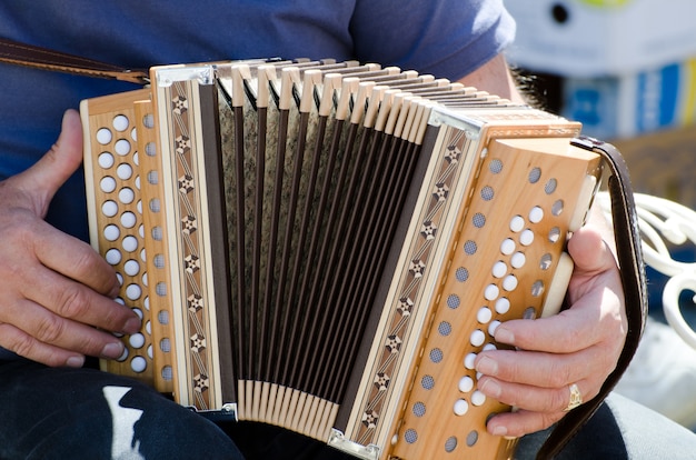 Colpo del primo piano di un maschio che suona la fisarmonica